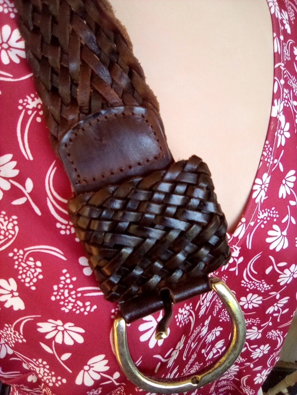 Mexx Woven Dark Brown Leather Belt with Gold Ring Buckle .